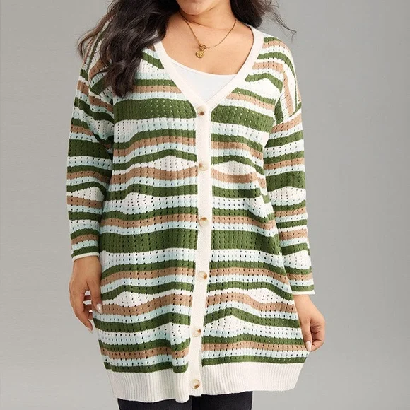 BLOOMCHIC Striped Contrast Button Up Hollow Out Cardigan Size 5X NEW - Picture 12 of 16